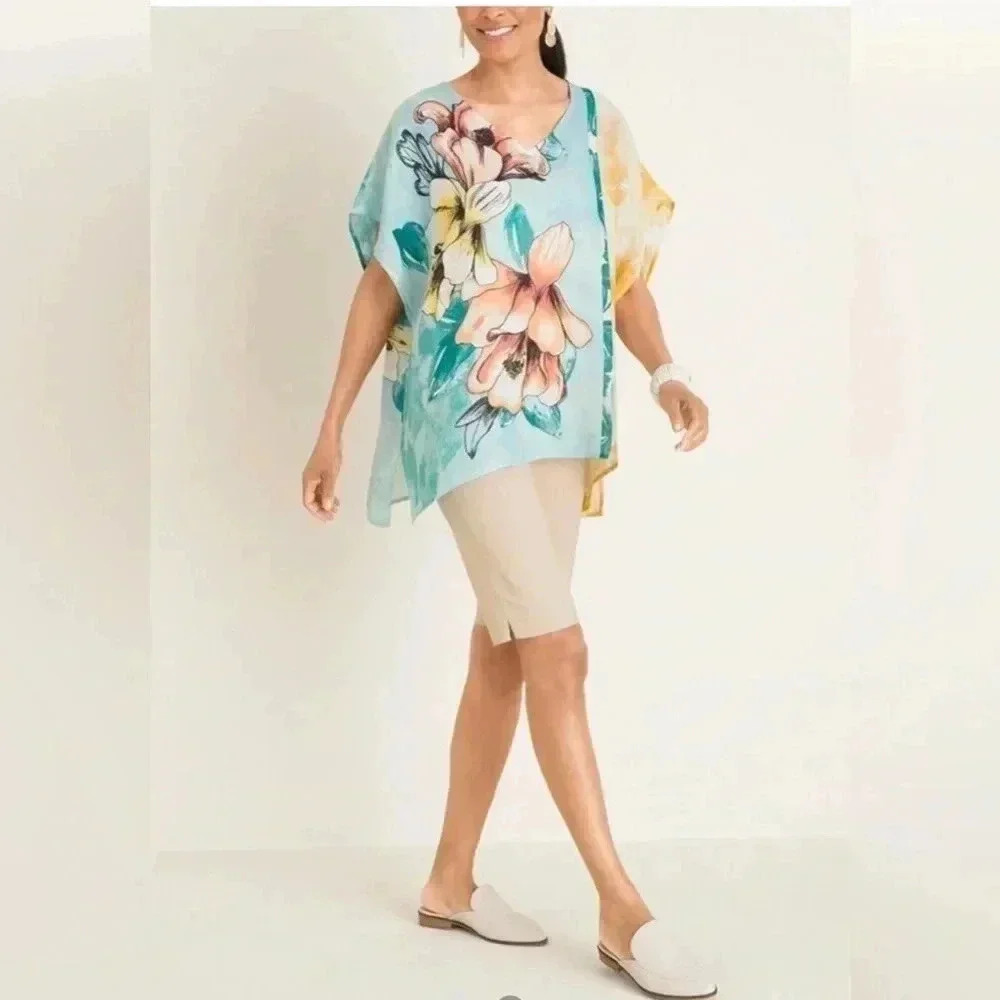 Chico's Linen Tropical Bloom Poncho Blouse (00898)